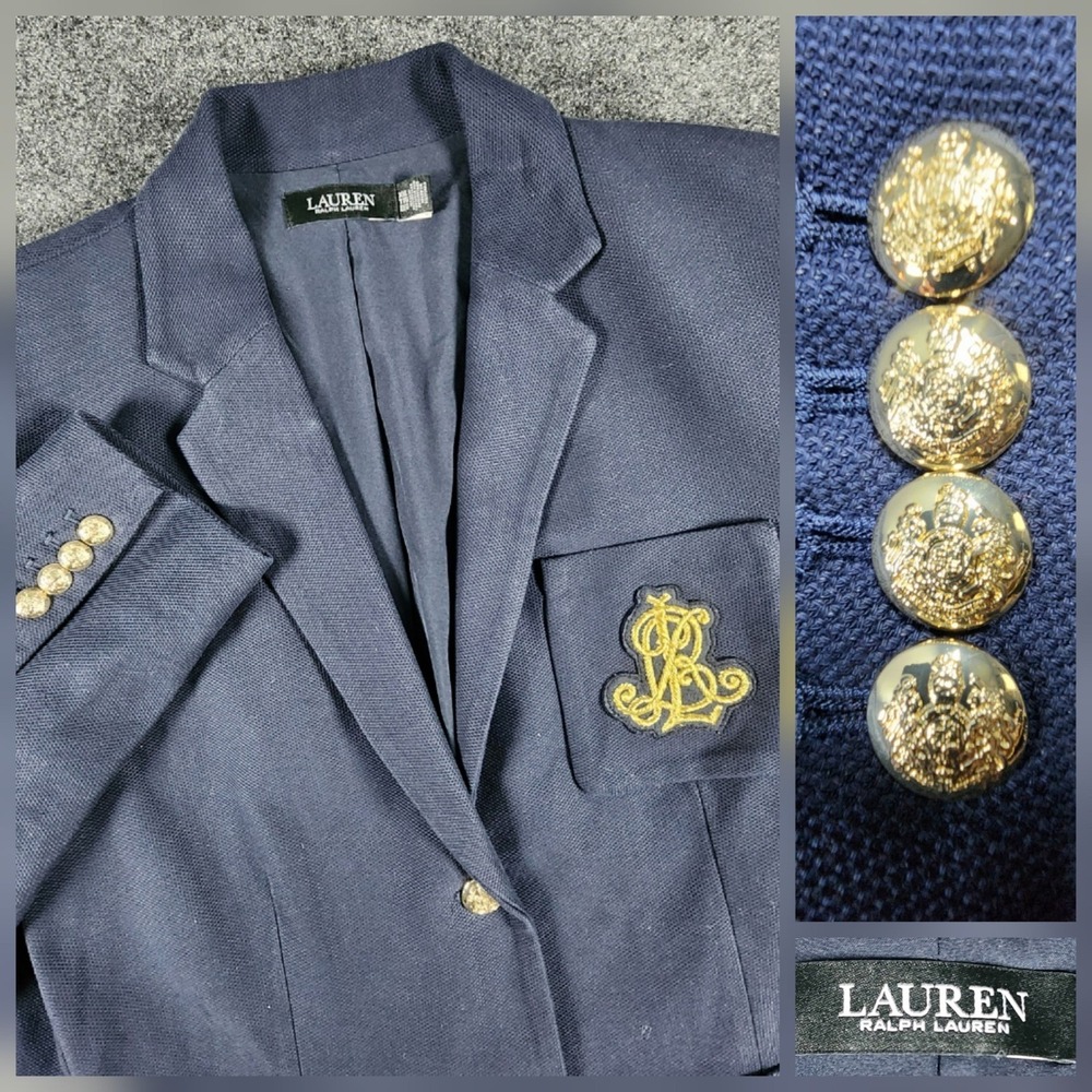 Lauren Ralph Lauren Bullion Jacquard Blazer Womens 2XL Navy Gold Button